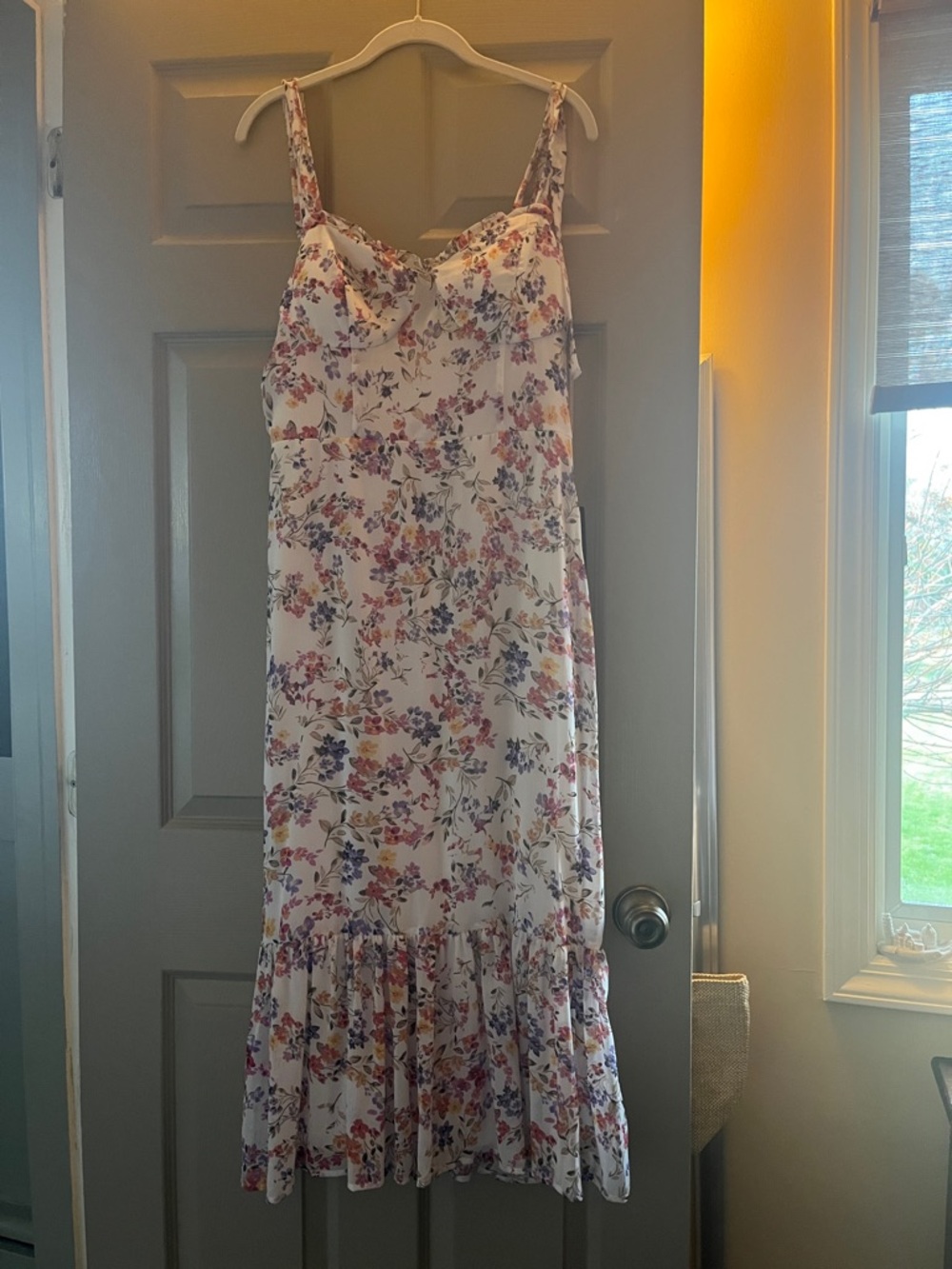 Floral Spaghetti Strap Midi Dress - White with Pink & Purple Flowers